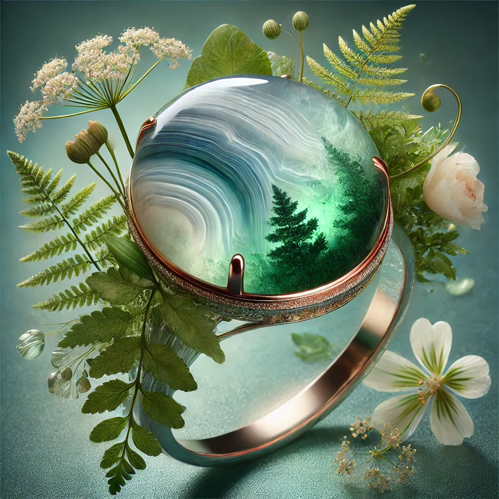 HD image of a beautiful Moss Agate engagement ring with varied color tones