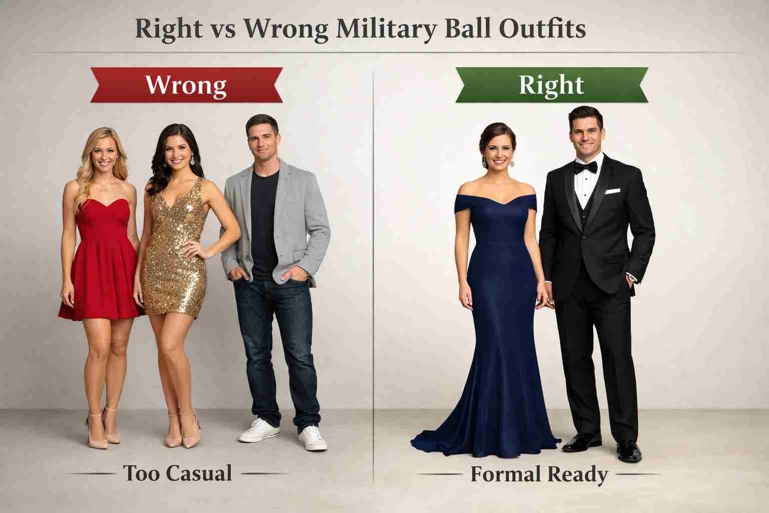 comparison of correct and incorrect outfits for military ball