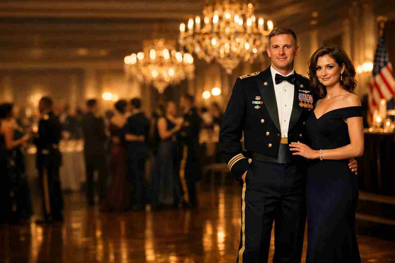 couple wearing military uniform and elegant gown at military ball